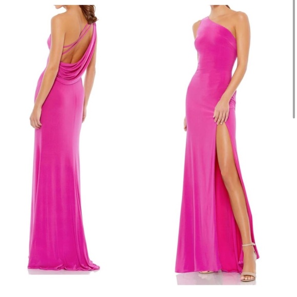 NWT Mac Duggal Sz 8 Candy Pink Jersey One Shoulder Draped Back Gown 26512 - Picture 3 of 8